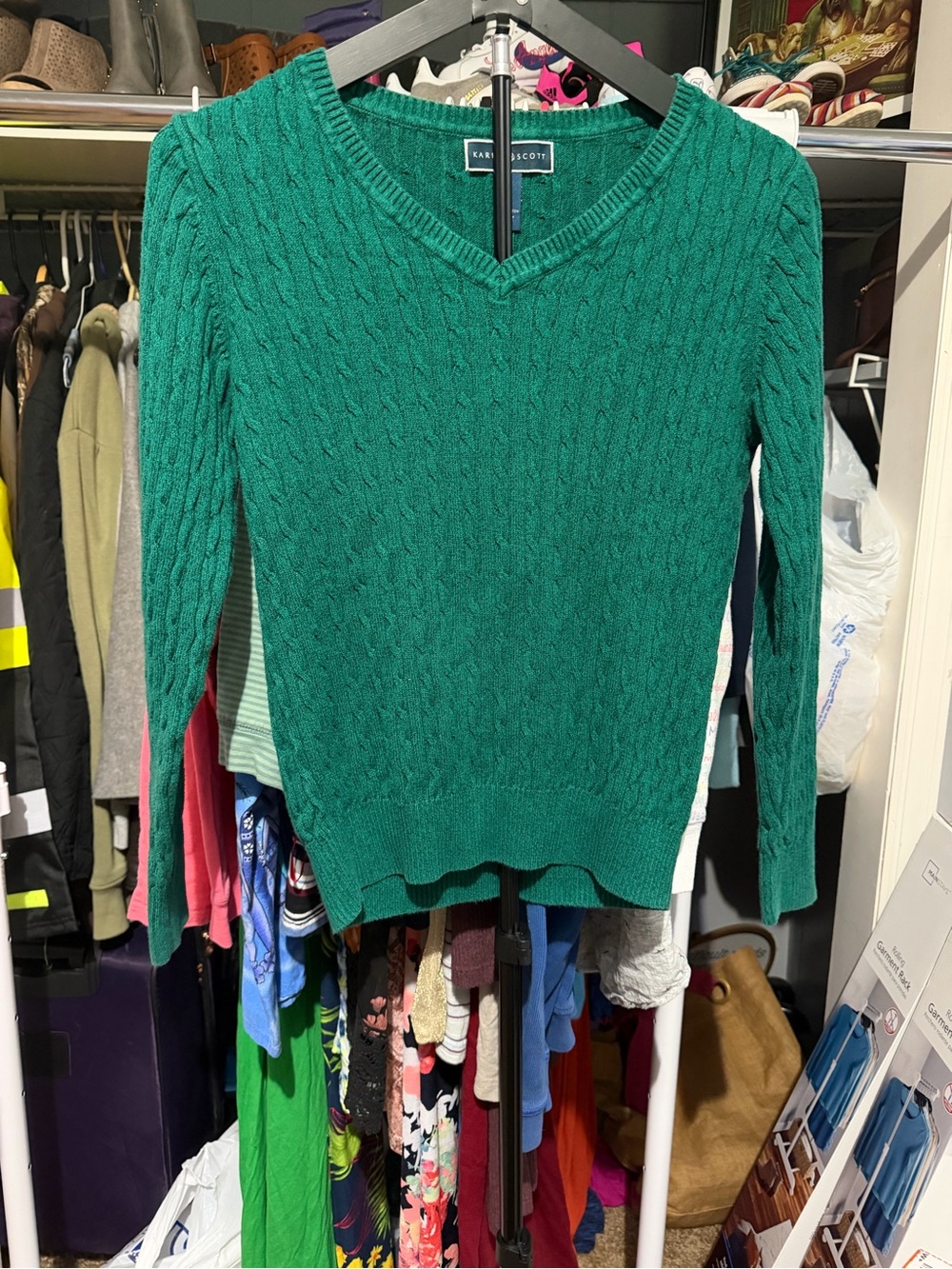 Karen Scott Women's V-Neck Cable Knit Sweater - Green